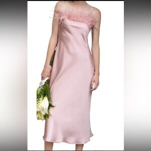 Blu Pepper Pink Feather-Trimmed Midi Dress